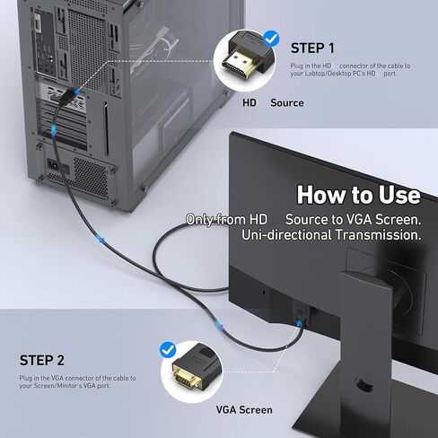 Bewinner HDMI to VGA Cable, 6.56FT Male to Male Unidirectional Cord for Computer, PC, Laptop, Monitor, Projector, HDTV - 1080p Gold Plated Connector in Kuwait