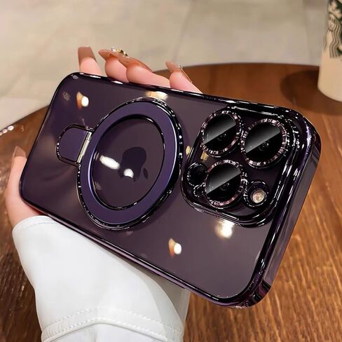 Electroplated TPU Magnetic Case for iPhone 16 Pro Max 6.9 Inch Silver,Hidden Kickstand,Built-in Full Camera Lens Protection,Military‑Grade Shockproof,Compatible with MagSafe in Saudi Arabia