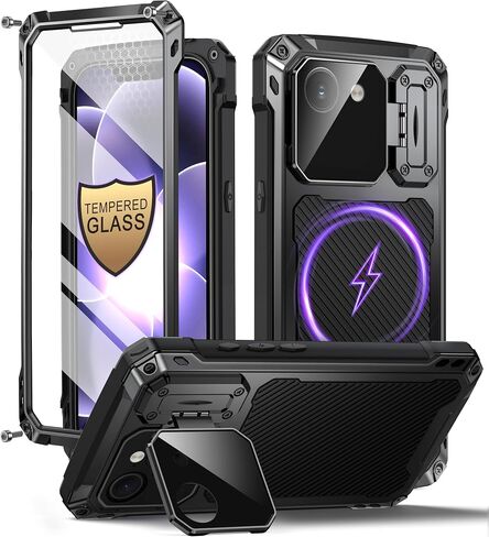 Beeasy Heavy Duty iPhone 17e/16e Case, 20ft Drop Tested Aluminum Metal Rugged Case with 9H Tempered Glass Screen Protector, Camera Cover Stand, MagSafe Compatible for Construction Outdoor Work, Black in Saudi Arabia