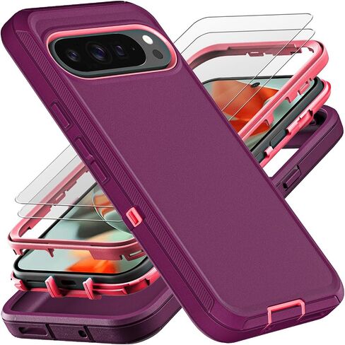 YKHJKLEC for Google Pixel 9 Pro XL Case, Military Grade 3 in 1 Heavy Duty Shockproof/Drop Proof/Dust Proof Case with 2Pcs Tempered Glass Screen Protector (Aqua Blue/Pink) in Saudi Arabia