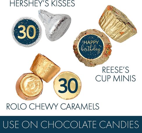 30th Birthday Candy Stickers, Navy Blue Print on Gold Foil, 180 Count in Saudi Arabia
