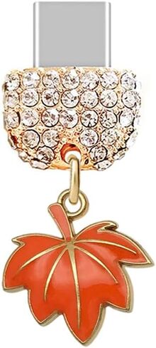 ELISE & FONDA TP993 Type-C Charging Port Crystal Anti Dust Plug Little Thanksgiving Maple Leaf Cell Phone Charm for iPhone 15/16/Samsung/OnePlus/Xiaomi/oppo Android Phones (Orange) in Kuwait
