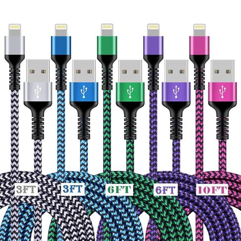 [3/6/10FT-5Pack] iPhone Charger Apple Certified Lighting Charge Cords Phone Power Data Cable Nylon Braided Fast Charging Wire for iPhone 13 12 Pro Max Mini 11 XR XS X 10 8 7 6s 6 Plus SE 2020, iPad in Kuwait