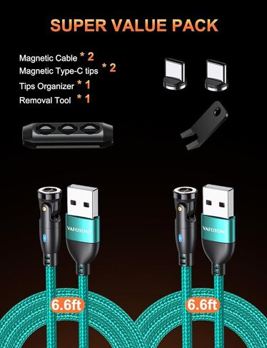 VAFOTON 9PIN Magnetic USB C Charging Cable (2Pack, 6.6/6.6ft), 360°&180° Rotation Magnetic Charging Cable/Magnet Phone Charger/Magnet Charger Cables for Samsung Galaxy S10/S9/S8, Note 10/9/8, Google in Kuwait