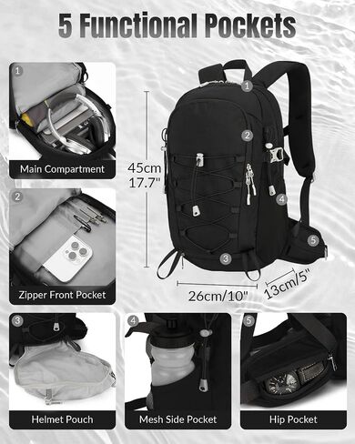 Small Cycling Backpack with Helmet Holder for Men Women, 15L Waterptoof Lightweight Hiking Backpack with Chest Strap & Waist Pocket for MTB Biking, Black in Kuwait