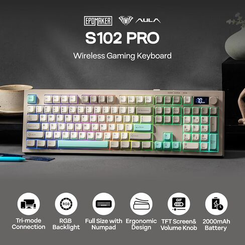 EPOMAKER Aula S102 PRO Membrane Gaming Keyboard w/TFT Screen & Volume Knob+NEX Lite Wireless Gaming Mouse w/Screens & RGB Charging Dock in Kuwait