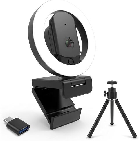 2K Mini Webcam with Microphone, 3-Color Fill Light & Privacy Cover, Wide Angle HD Beauty Webcam with Tripod & USB C Adapter, Plug & Play for PC/Laptop/Zoom/Streaming/Gaming (Black) in Kuwait