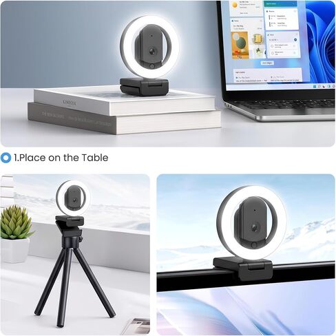 2K Mini Webcam with Microphone, 3-Color Fill Light & Privacy Cover, Wide Angle HD Beauty Webcam with Tripod & USB C Adapter, Plug & Play for PC/Laptop/Zoom/Streaming/Gaming (Black) in Kuwait