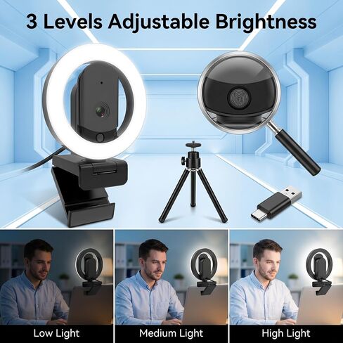 2K Mini Webcam with Microphone, 3-Color Fill Light & Privacy Cover, Wide Angle HD Beauty Webcam with Tripod & USB C Adapter, Plug & Play for PC/Laptop/Zoom/Streaming/Gaming (Black) in Kuwait