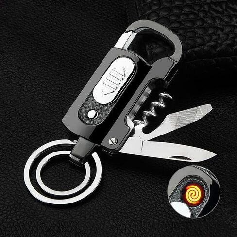 Electric Lighter, 9-in-1 Keychain Multitool, Unique USB Rechargeable Lighter, EDC Flashlight, Camping Pocket Knife, Unique Birthday, Father’s Day, Valentine’s Day Gifts, Gadgets for Men (Black) in Kuwait