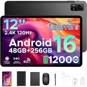 P12 Pro 12 Inch Tablet, 2.4K 120Hz Android 16 Tablet with Gemini AI, 48GB+256GB/2TB, 12000mAh, Unisoc T7300 Octa-Core, 13MP+8MP, WiFi 5, Face ID, 4G LTE, Tablet with Keyboard, Pen, Case-Black in Kuwait