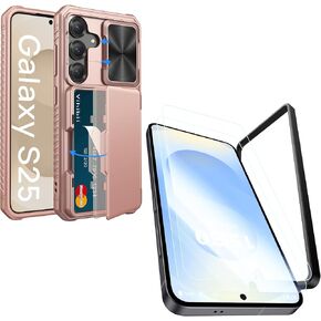 Vihibii for Samung Galaxy S25 Case with Card Holder & Screen Protector [2 Pack] & Slide Camera Cover, Bulit-in 9H Hardness & HD Tempered Glass Film with Easy Installation Tool 6.2", Rose Gold in Kuwait