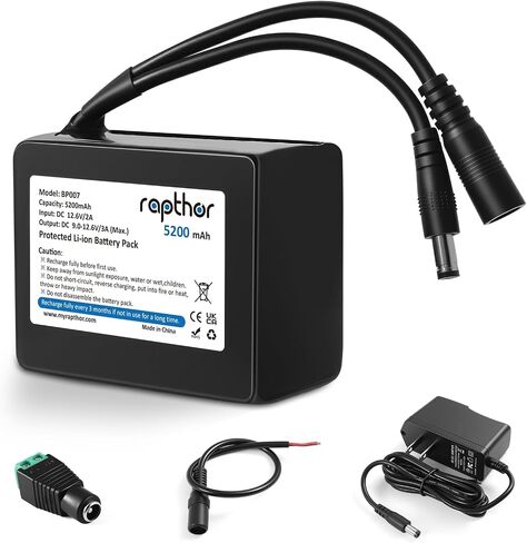 Rapthor Rechargeable 12V 5200mAh Li-ion Battery Pack, 12.6V/2A Fast Charger and DC5521 Connector for 12V Devices, DIY Projects, Routers, Radios, LED Light Strips, Security Cameras, Telescopes in Kuwait