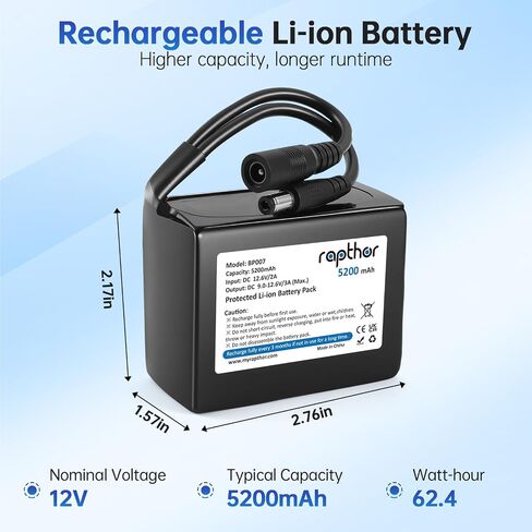 Rapthor Rechargeable 12V 5200mAh Li-ion Battery Pack, 12.6V/2A Fast Charger and DC5521 Connector for 12V Devices, DIY Projects, Routers, Radios, LED Light Strips, Security Cameras, Telescopes in Kuwait
