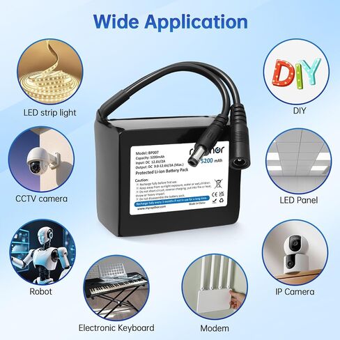 Rapthor Rechargeable 12V 5200mAh Li-ion Battery Pack, 12.6V/2A Fast Charger and DC5521 Connector for 12V Devices, DIY Projects, Routers, Radios, LED Light Strips, Security Cameras, Telescopes in Kuwait