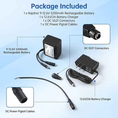 Rapthor Rechargeable 12V 5200mAh Li-ion Battery Pack, 12.6V/2A Fast Charger and DC5521 Connector for 12V Devices, DIY Projects, Routers, Radios, LED Light Strips, Security Cameras, Telescopes in Kuwait