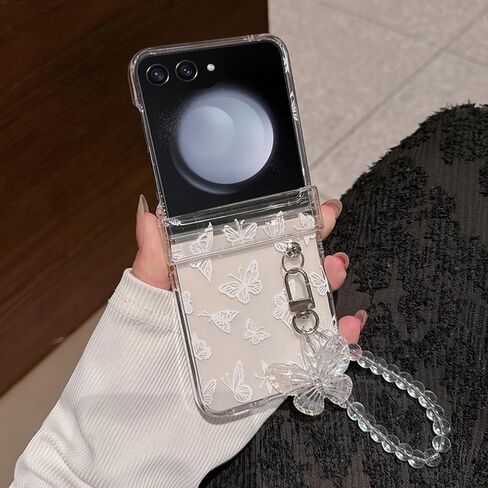 Omio for Galaxy Z Flip 8 Case with Strap Bracelet Cute Butterfly Case for Girls Women Hand Chain Lanyard Slim Hinge Protection Design Clear Shockproof Hard PC Cover for Galaxy Z Flip 8 White in Kuwait