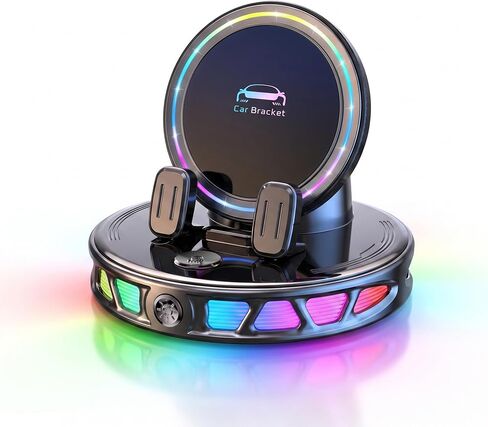 Magnetic Wireless Car Charger Mount with RGB Ambient Light, Auto-Clamping Dashboard Cell Phone Holder Compatible with MagSafe iPhone 17 16 15 14 13 12 Pro Max, 360° Rotation Auto Charging Dock(Black) in Kuwait
