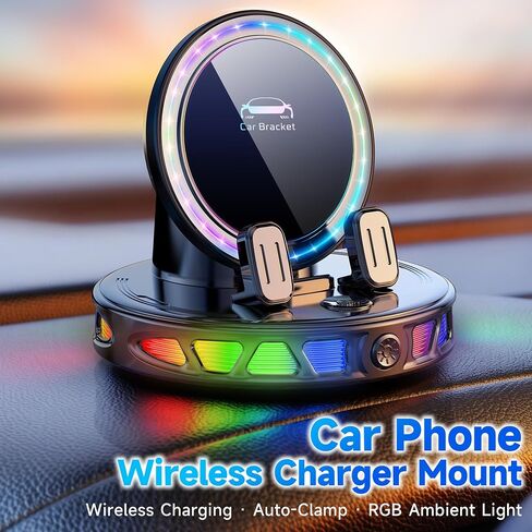 Magnetic Wireless Car Charger Mount with RGB Ambient Light, Auto-Clamping Dashboard Cell Phone Holder Compatible with MagSafe iPhone 17 16 15 14 13 12 Pro Max, 360° Rotation Auto Charging Dock(Black) in Kuwait