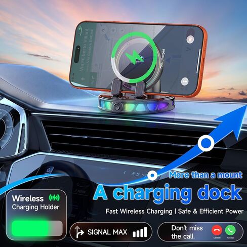 Magnetic Wireless Car Charger Mount with RGB Ambient Light, Auto-Clamping Dashboard Cell Phone Holder Compatible with MagSafe iPhone 17 16 15 14 13 12 Pro Max, 360° Rotation Auto Charging Dock(Black) in Kuwait