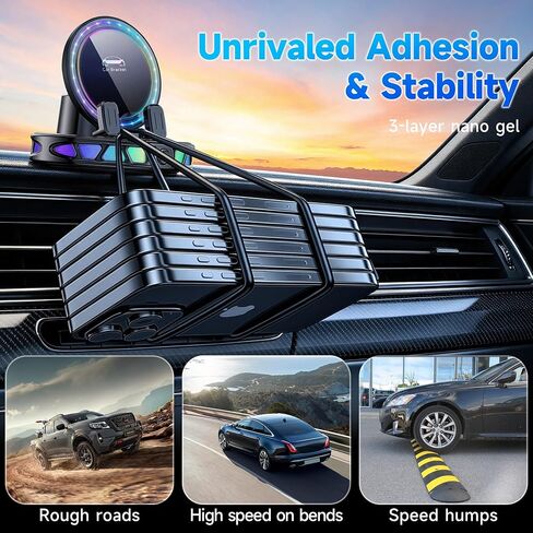 Magnetic Wireless Car Charger Mount with RGB Ambient Light, Auto-Clamping Dashboard Cell Phone Holder Compatible with MagSafe iPhone 17 16 15 14 13 12 Pro Max, 360° Rotation Auto Charging Dock(Black) in Kuwait