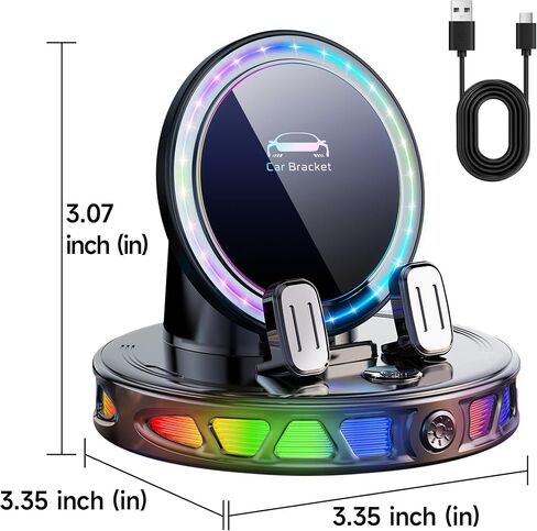 Magnetic Wireless Car Charger Mount with RGB Ambient Light, Auto-Clamping Dashboard Cell Phone Holder Compatible with MagSafe iPhone 17 16 15 14 13 12 Pro Max, 360° Rotation Auto Charging Dock(Black) in Kuwait