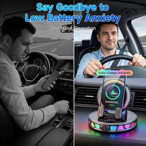 Magnetic Wireless Car Charger Mount with RGB Ambient Light, Auto-Clamping Dashboard Cell Phone Holder Compatible with MagSafe iPhone 17 16 15 14 13 12 Pro Max, 360° Rotation Auto Charging Dock(Black) in Kuwait