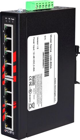 Antaira LNX-800A-T Industrial-Grade 8-Port Unmanaged Fast Ethernet Switch, DIN-Rail Mount, -40 to 75°C Operating Temperature, Redundant 12 to 48 VDC Power Input in Kuwait