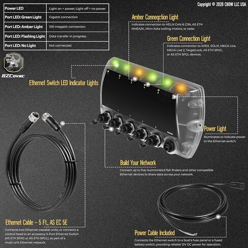 411850-1 AS ETH 5PGL 5-Port Ethernet Switch + 720073-6 AS EC 5E 5-Foot Ethernet Cable for Humminbird, Black in Kuwait