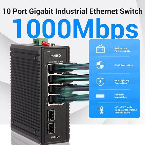 Industrial Ethernet Switch, 10-Port Gigabit Din Rail Switch Hardened, 1000Mbps, 8 Ethernet Ports + 2 SFP Port, Din Rail & Wall Mountable (-40 to 185 F), 20Gbps Switching Capacity, with UL Power Supply in Kuwait
