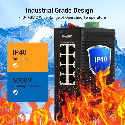 Industrial Ethernet Switch, 10-Port Gigabit Din Rail Switch Hardened, 1000Mbps, 8 Ethernet Ports + 2 SFP Port, Din Rail & Wall Mountable (-40 to 185 F), 20Gbps Switching Capacity, with UL Power Supply in Kuwait