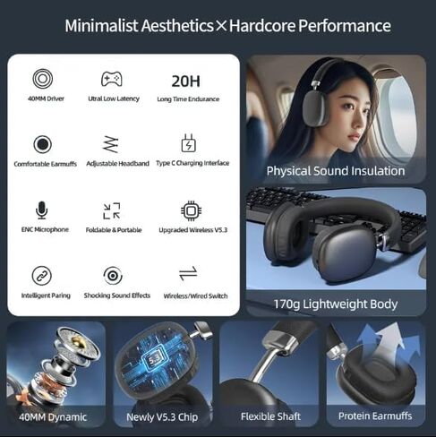 Wireless Over Ear Headphones, Noise Canceling Bluetooth 5.3 Head-Phones with Microphones,Hi-Res Audio,24H Playtime,HiFi Audio Adjustable Heads for iPhone/Android/Samsung in Kuwait