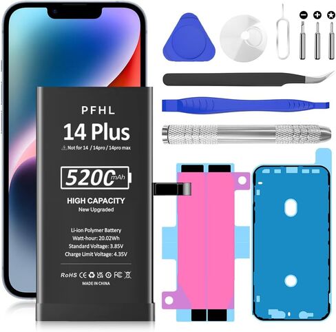 Battery for iPhone 14 Plus, 5200mAh Upgraded Higher Capacity 0 Cycle Battery Replacement for iPhone 14 Plus, Model A2632, A2885, A2886, A2887, A2896 with Complete Repair Tool Kit in Kuwait