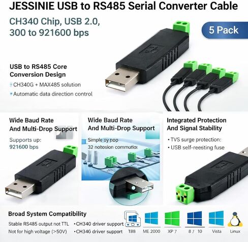 5pcs USB to RS485 Serial Converter Cable, CH340 Chip, USB 2.0, 300 to 921600 BPS in Saudi Arabia