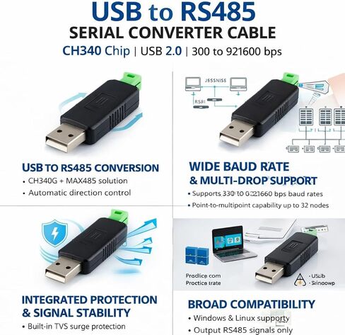 5pcs USB to RS485 Serial Converter Cable, CH340 Chip, USB 2.0, 300 to 921600 BPS in Saudi Arabia