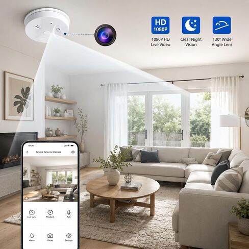 Security Camera Smoke Detector Camera 1080P WiFi Indoor Hidden with Night Vision Motion Detection Real-Time for Home Office Safety in Kuwait