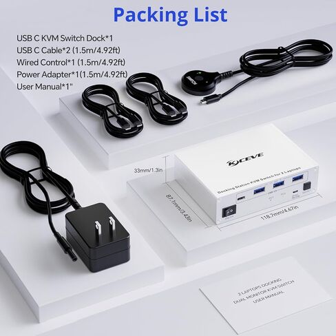 KCEVE 15-in-1 USB C Docking Station KVM Switch, USB 3.0 KVM Switch 2 Laptops 2 Monitors 4K@60Hz, 2 USB-C MST Port, Dual HDMI Out, 80W PD, 5Gbps, Gigabit Ethernet, TF/SD Card, Wired Remote in Kuwait