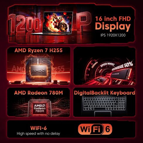 كمبيوتر محمول للألعاب مزود بمعالج AMD Ryzen 7 H255 (حتى 4.9 جيجا هرتز)، وذاكرة DDR5 بسعة 24 جيجابايت ومحرك أقراص NVMe SSD بسعة 512 جيجابايت in Kuwait