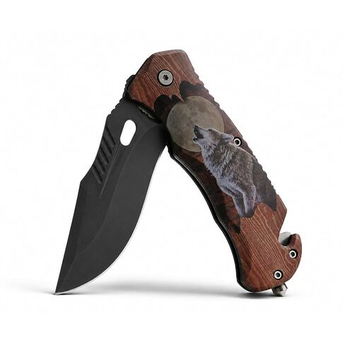 SZCO 4.75" Howling Wolf Folding Pocket Knife –Folding Knife for Men with 3.5" Black Blade, Seat Belt Cutter, Glass Breaker & Belt Clip for Outdoor, EDC, Hunting & Camping in Saudi Arabia