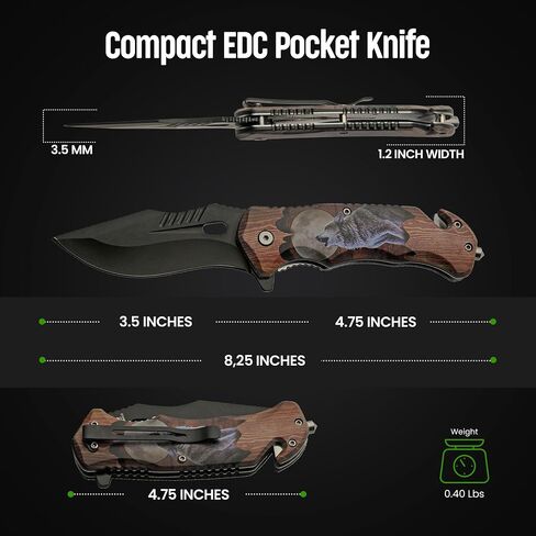 SZCO 4.75" Howling Wolf Folding Pocket Knife –Folding Knife for Men with 3.5" Black Blade, Seat Belt Cutter, Glass Breaker & Belt Clip for Outdoor, EDC, Hunting & Camping in Saudi Arabia