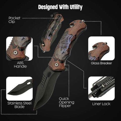 SZCO 4.75" Howling Wolf Folding Pocket Knife –Folding Knife for Men with 3.5" Black Blade, Seat Belt Cutter, Glass Breaker & Belt Clip for Outdoor, EDC, Hunting & Camping in Saudi Arabia