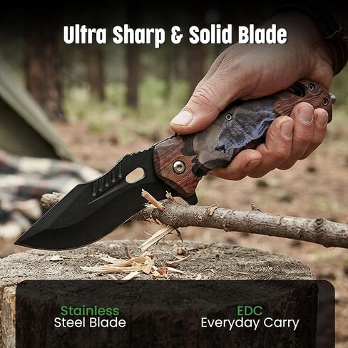SZCO 4.75" Howling Wolf Folding Pocket Knife –Folding Knife for Men with 3.5" Black Blade, Seat Belt Cutter, Glass Breaker & Belt Clip for Outdoor, EDC, Hunting & Camping in Saudi Arabia