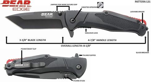 Bear & Son 4-7/8" Bear Edge Assisted Opener Pocket Knife - 3-3/8" Durable Tanto 440 Stainless Steel Blade - Black Aluminum Handle Compact EDC with Thumb Stud, Tip-Up Clip & Glass Breaker - Made in USA in Saudi Arabia