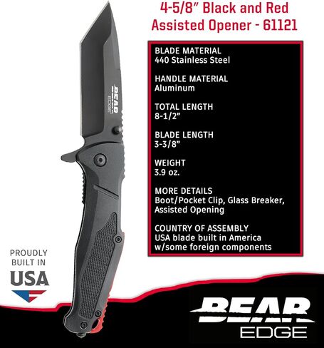 Bear & Son 4-7/8" Bear Edge Assisted Opener Pocket Knife - 3-3/8" Durable Tanto 440 Stainless Steel Blade - Black Aluminum Handle Compact EDC with Thumb Stud, Tip-Up Clip & Glass Breaker - Made in USA in Saudi Arabia