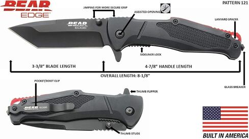 Bear & Son 4-7/8" Bear Edge Assisted Opener Pocket Knife - 3-3/8" Durable Tanto 440 Stainless Steel Blade - Black Aluminum Handle Compact EDC with Thumb Stud, Tip-Up Clip & Glass Breaker - Made in USA in Saudi Arabia