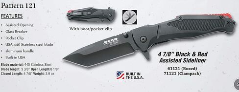 Bear & Son 4-7/8" Bear Edge Assisted Opener Pocket Knife - 3-3/8" Durable Tanto 440 Stainless Steel Blade - Black Aluminum Handle Compact EDC with Thumb Stud, Tip-Up Clip & Glass Breaker - Made in USA in Saudi Arabia
