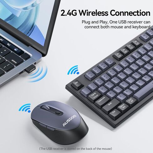 AUSDOM Wireless Keyboard and Mouse Combo - 108 Keys Mechanical Feel, 2.4G Full-Sized Rechargeable Silent Keyboard & 3 DPI Adjustable Mouse, Numeric Keypad, USB Receiver for PC/Laptop/Windows/Mac in Saudi Arabia