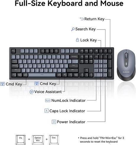 AUSDOM Wireless Keyboard and Mouse Combo - 108 Keys Mechanical Feel, 2.4G Full-Sized Rechargeable Silent Keyboard & 3 DPI Adjustable Mouse, Numeric Keypad, USB Receiver for PC/Laptop/Windows/Mac in Saudi Arabia