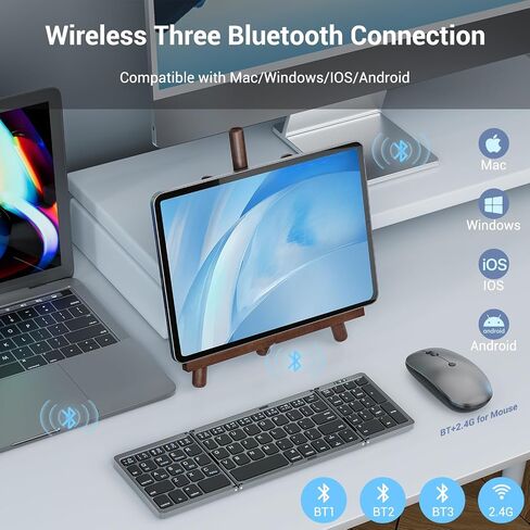 Foldable Keyboard and Mouse for Laptop, Travel Bluetooth Folding Keyboard Mouse with Portable Case, Rechargeable Keyboard for Business, 2.4G Wireless & Bluetooth, for iPad Tablets Laptop iOS Android in Saudi Arabia