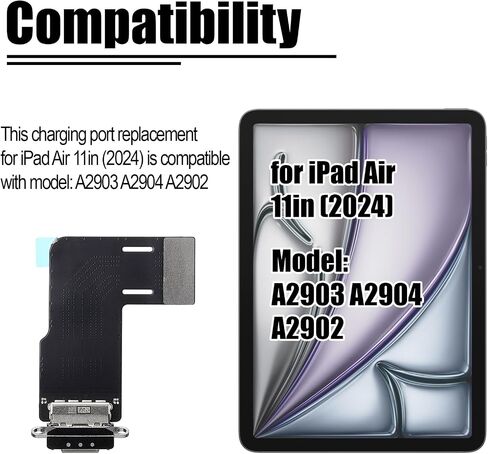 Charging Port Replacement for iPad Air 2024 11-inch Charge Dock Connector Flex Cable Assembly for iPad Air 2024 M2 Charger Board Replacement Fit for Model: A2903 A2904 A2902 (Black) in Kuwait